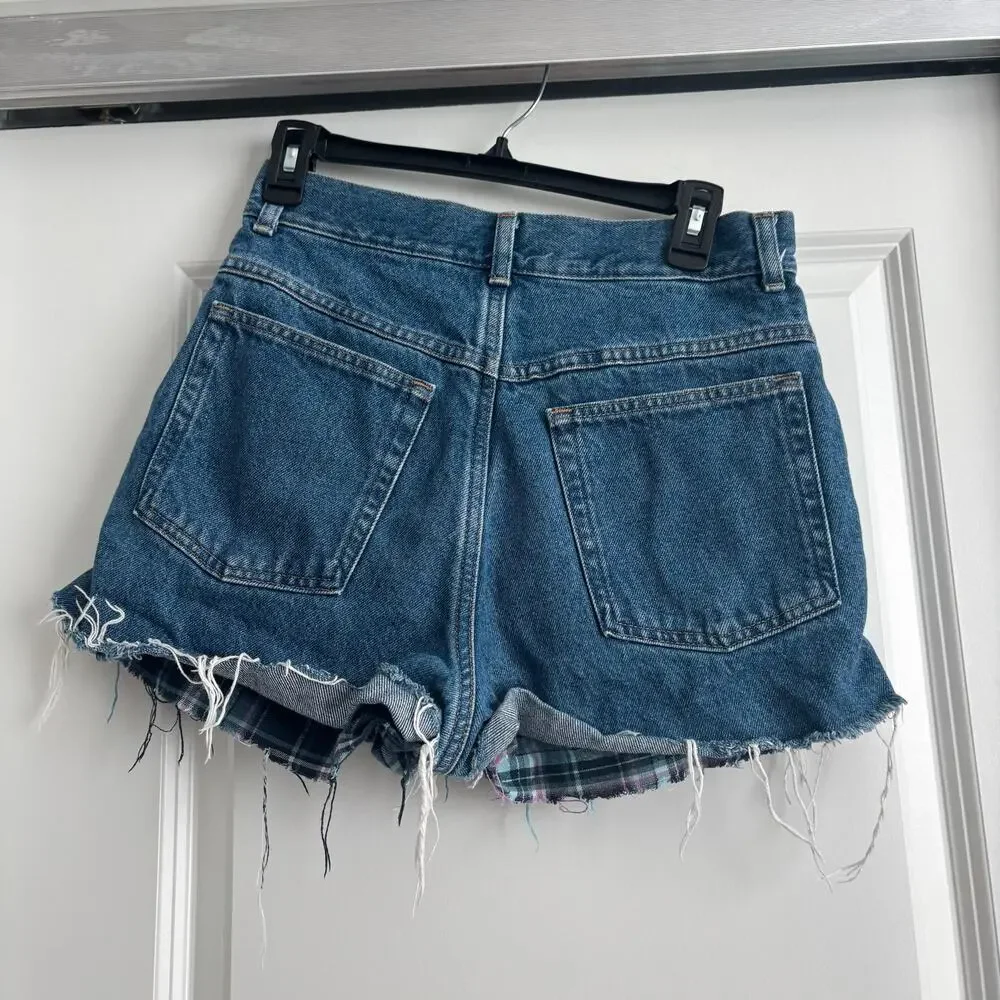 VTG L.L. Bean Flannel Lined Denim Cutoff Shorts Women’s 10 MT Plaid Boho Raw Hem